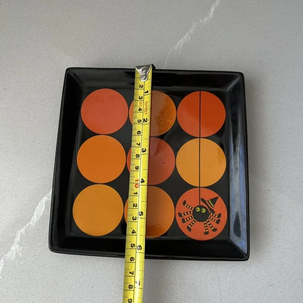 Crate & Barrel Square Halloween Spider Appetizer Plate Ceramic Black Orange
